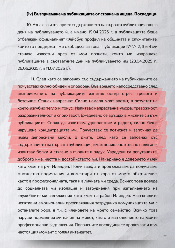 Предявеният съдебен иск от кмета на район Илинден, Емил Бранчевски срещу гражданския активист Мартина Мустафова (стр. 5).